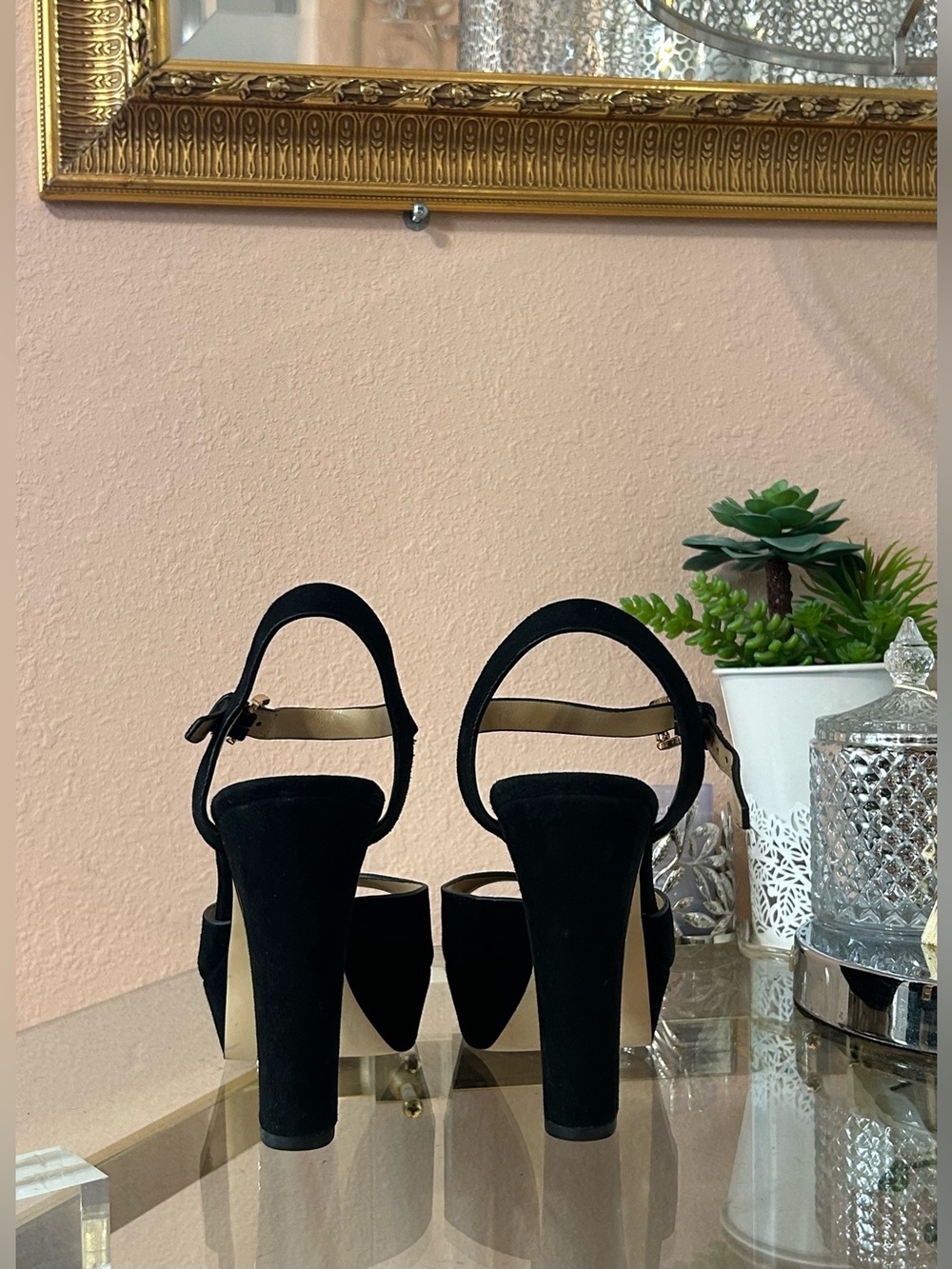Michael Kors Black Suede Leather Platform Heels with Gold Block Heel Size 7 - Picture 7 of 16